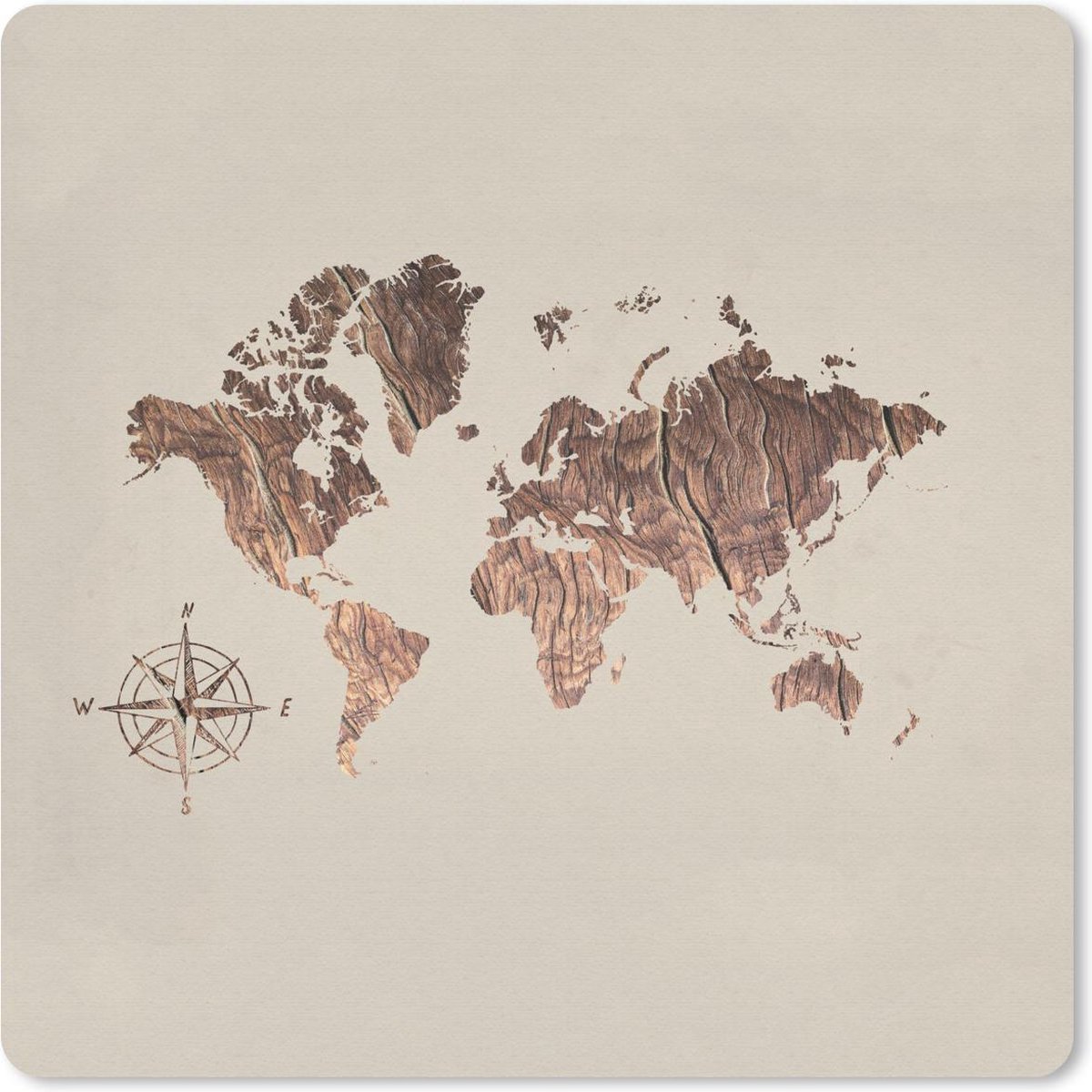 Muismat 20x20 cm - Mousepad Wereldkaart - Hout - Kompas - Muismatten