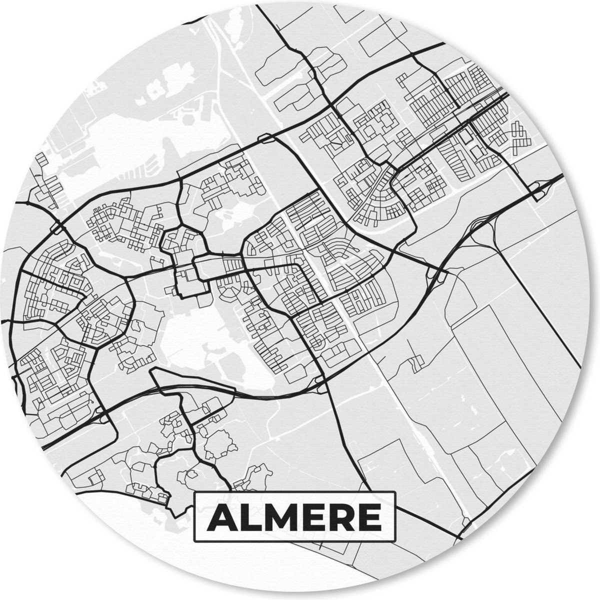 Muismat - Mousepad - Rond - Stadskaart - Almere - Grijs - Wit - 30x30 cm - Ronde muismat