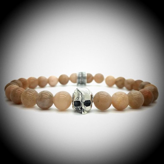 Natuursteen Armband met 925 Sterling Zilver Skull Bedel van 6.1gram Zilver , Handgemaakte Edelsteen Armband met 8mm (Perzik Maansteen) kralen .