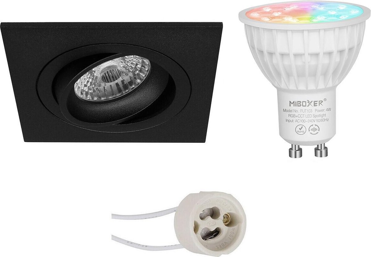 Mi-Light MiBoxer - LED Spot Set GU10 - Smart LED - Wifi LED - Slimme LED - 4W - RGB+CCT - Aanpasbare Kleur - Dimbaar - Proma Borny Pro - Inbouw Vierkant - Mat Zwart - Kantelbaar - 92mm