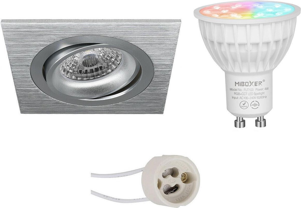 Mi-Light MiBoxer - LED Spot Set GU10 - Smart LED - Wifi LED - Slimme LED - 4W - RGB+CCT - Aanpasbare Kleur - Dimbaar - Proma Borny Pro - Inbouw Vierkant - Mat Zilver - Kantelbaar - 92mm