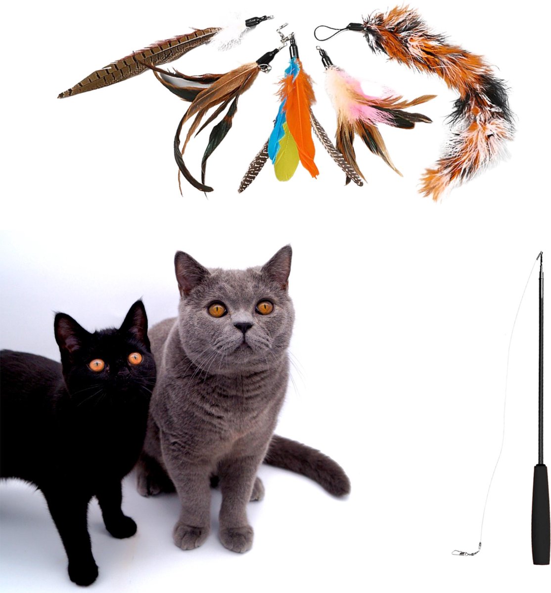 Make Me Purr Kattenhengel met 5 Hangers (Zwart) - Speelgoed Hengel voor Katten - Kat Speelhengel met Veren - Kitten Kattenplager met Veer - Kattenspeelgoed - Kattenspeeltjes - Make Me Purr