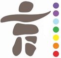 Grijze Inuk-figuur met veelkleurige stippen ernaast (paars tot rood).