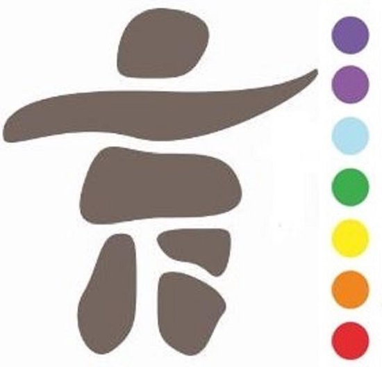 Grijze Inuk-figuur met veelkleurige stippen ernaast (paars tot rood).