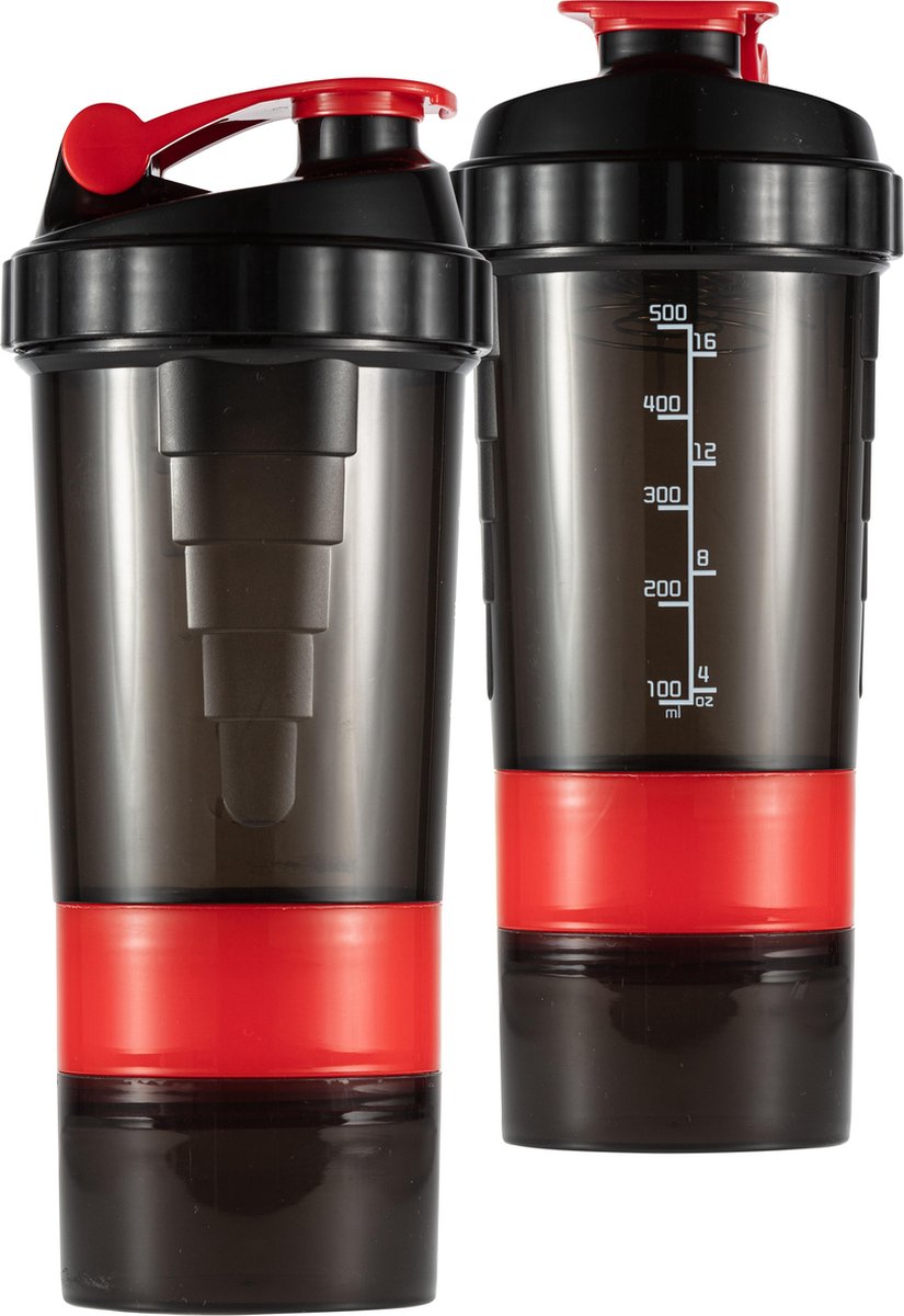 Goedkoopste Pulver | Luxe Shake beker rood | 2 compartimenten | 0,75L | Sportschool shakebeker | Fitness drinkfles | Extra vakjes | Shaker