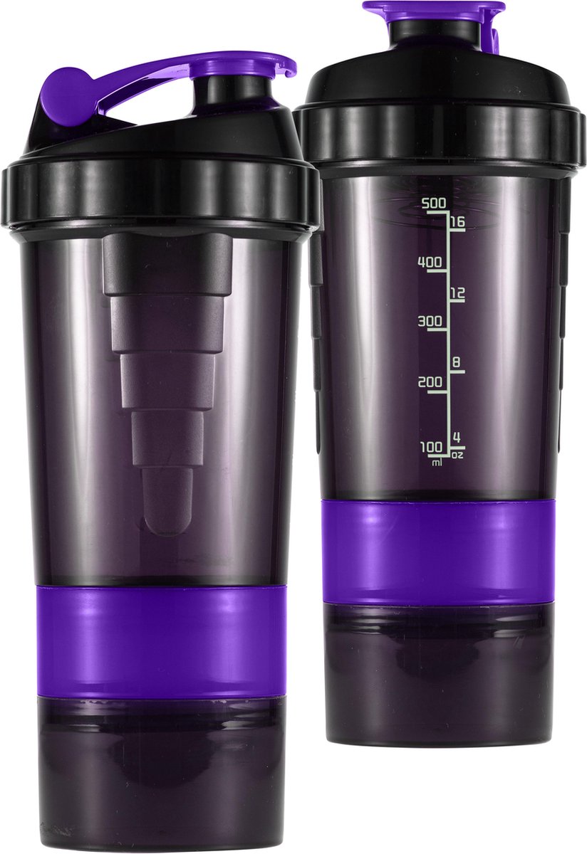 Goedkoopste Pulver | Luxe Shake beker paars | 2 compartimenten | drinkfles | 0,75L | Sportschool shakebeker | Fitness drinkfles | Extra vakjes | Shaker