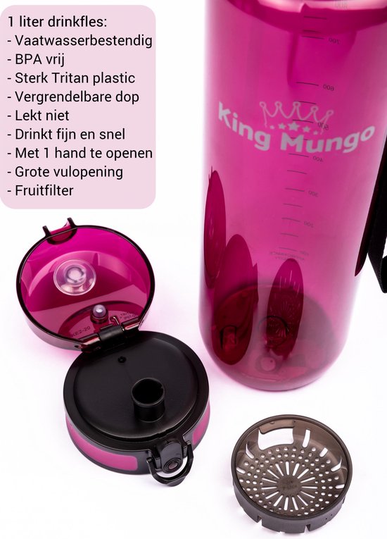 Transparante paarsrode drinkfles van 1 liter, met losse dop en fruitfilter. King Mungo logo.