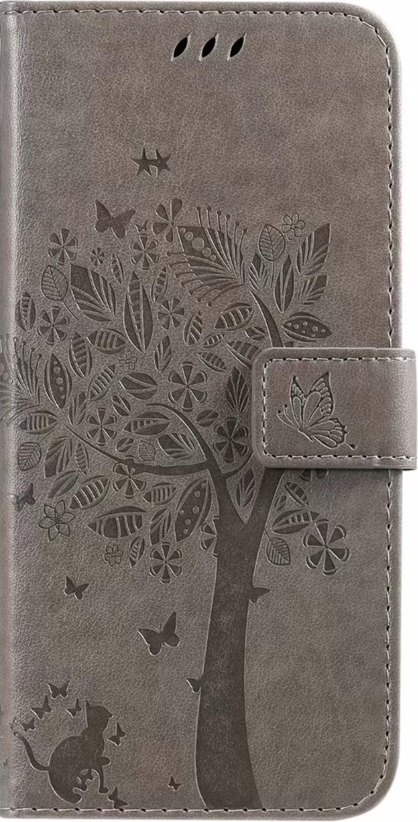 Geschikt voor Samsung Galaxy A21 Bookcase - Grijs - Bloemen - Portemonnee Hoesje