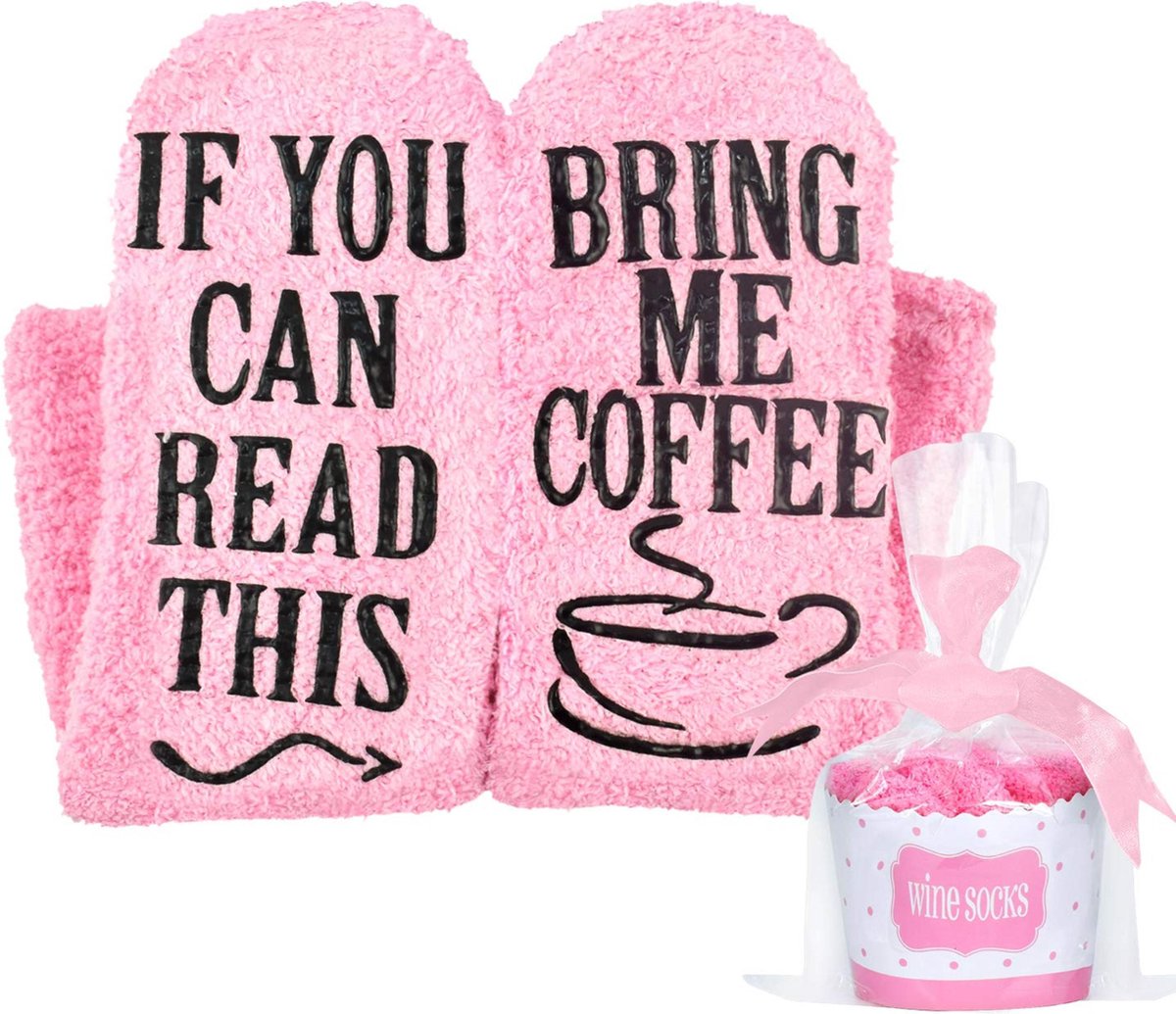 JAXY Koffie Sokken - Wijn Sokken - Huissokken - Fluffy Sokken - Dikke Sokken - Bedsokken Dames en Heren - Huissokken Met Antislip Dames - Warme Sokken - Wijn Cadeau - Grappige Sokken - Grappige Cadeaus - One Size - Roze