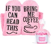 JAXY Koffie Sokken - Wijn Sokken - Huissokken - Fluffy Sokken - Dikke Sokken - Bedsokken Dames en Heren - Huissokken Met Antislip Dames - Warme Sokken - Wijn Cadeau - Grappige Sokken - Grappige Cadeaus - One Size - Roze