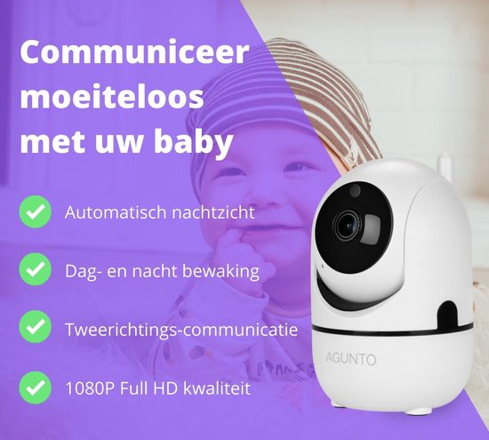 Babyfoon - Beveiligingscamera - Babyfoon met camera - WiFi - Beveiligd - HD Quality - Agunto