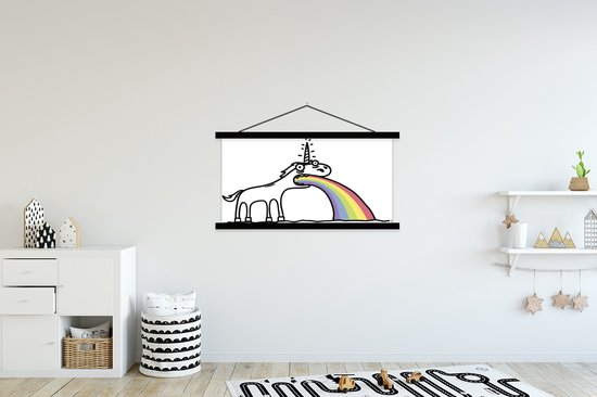 illustration d'une licorne crachant un poster scolaire arc-en-ciel lamelles plates noir 120x80 cm - Tirage photo sur poster textielposter (décoration murale salon / chambre)