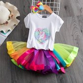 Gekleurde meisje tutu rok - tule meisjes rok en pailletten eenhoorn t-shirt - Regenboog kleuren meisjes rok - maat 116/122 - meisjes rok 6 - 7 jaar