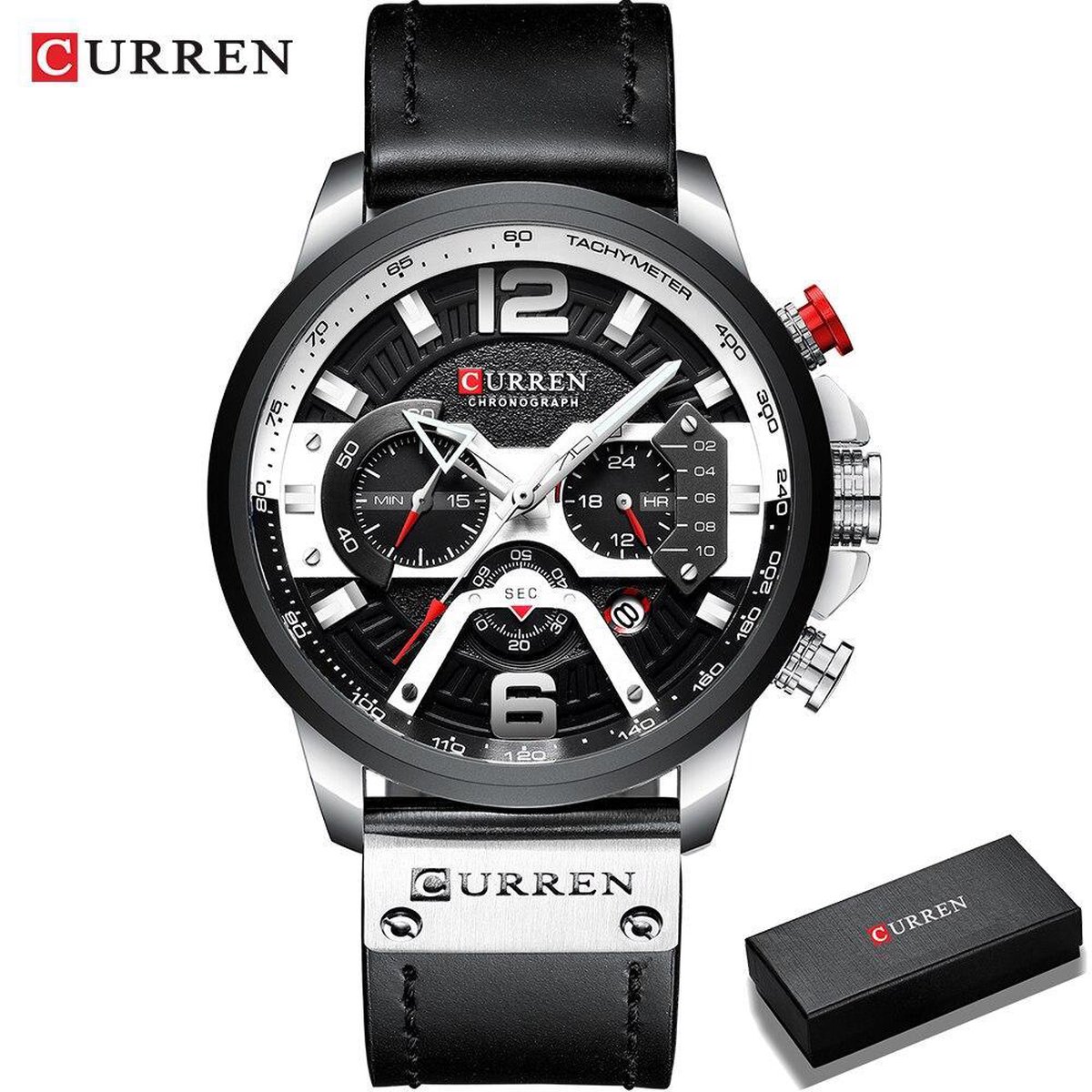 ➥ Curren-NL® - Polshorloge - Heren - Horloge - Ø 48 mm - Lederen Band - Gift Box - Vaderdag - Cadeau - Heren - Horloge - Zwart Zilver