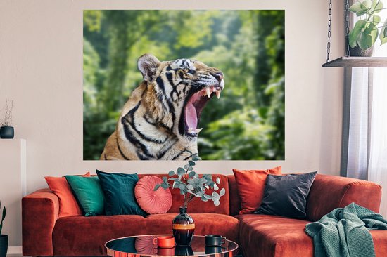 Poster Tigre rugissant dans la forêt 150x75 cm - Tirage photo sur Poster (décoration murale salon / chambre) / Poster Animaux