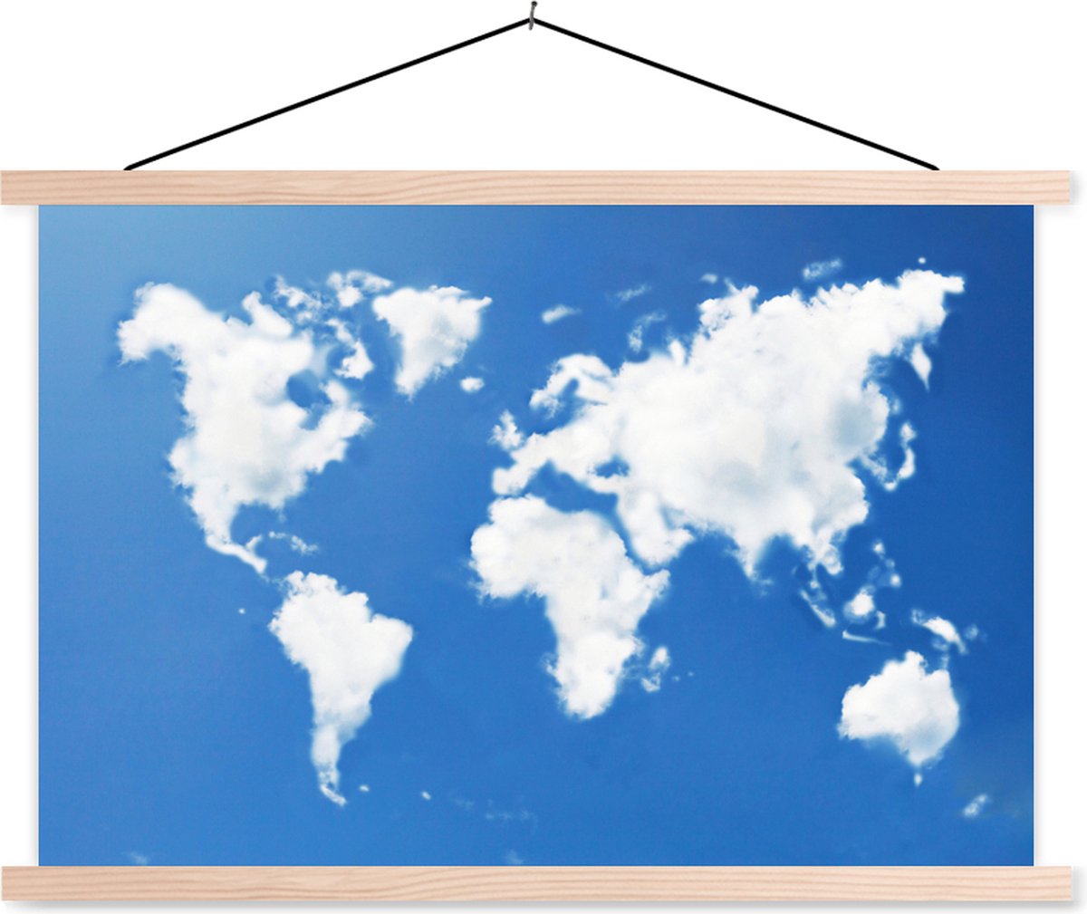 Wereldkaart blauw met wolken schoolplaat platte latten blank 120x80 cm - Foto print op textielposter (wanddecoratie woonkamer/slaapkamer)