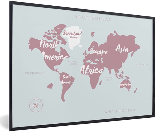 Photo encadrée - Wereldkaart avec cadre photo blanc lettres noir 60x40 cm - Affiche encadrée (Décoration murale salon / chambre)