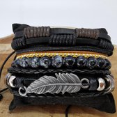 Leren Armband set  met trekkoord / leer/kralen, zwart/bruin/grijs, 4-delig