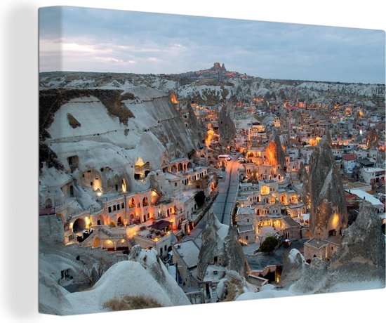 Canvas schilderij 140x90 cm - Wanddecoratie Lichten - Cappadocië - Turkije - Muurdecoratie woonkamer - Slaapkamer decoratie - Kamer accessoires - Schilderijen