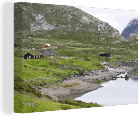 Tableau sur toile Cottages au bord d'un lac en Norvège - 150x100 cm - Décoration murale