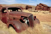 Tuinposter - Auto - Oldtimer - Urbex wagen in rood / roest / zwart  - 120 x 180 cm.