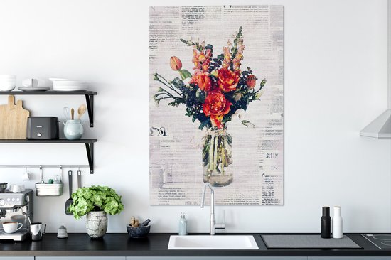Illustration fleur sur coupure de journal 90x140 cm - Tirage photo sur toile (Décoration murale salon / chambre) / Peintures Fleurs sur toile