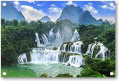Grote waterval met bergen op de achtergrond - Tuinposter 120x80 - Wanddecoratie - Natuur