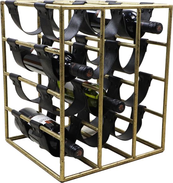 Wijnrek 12 flessen - 33x32x40 - Antiek goud/Zwart - leder |