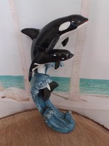 Orca beeld van H.Originals 19x11cm met baby polyresin zwart/blauw