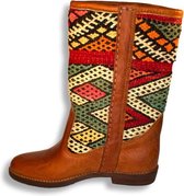 Bravas Boutique Kelim boots LUCIA Hoog - Laarzen - 100% Echt Leder - Handgemaakt - Cognacbruin met gekleurde kelim - EU 40