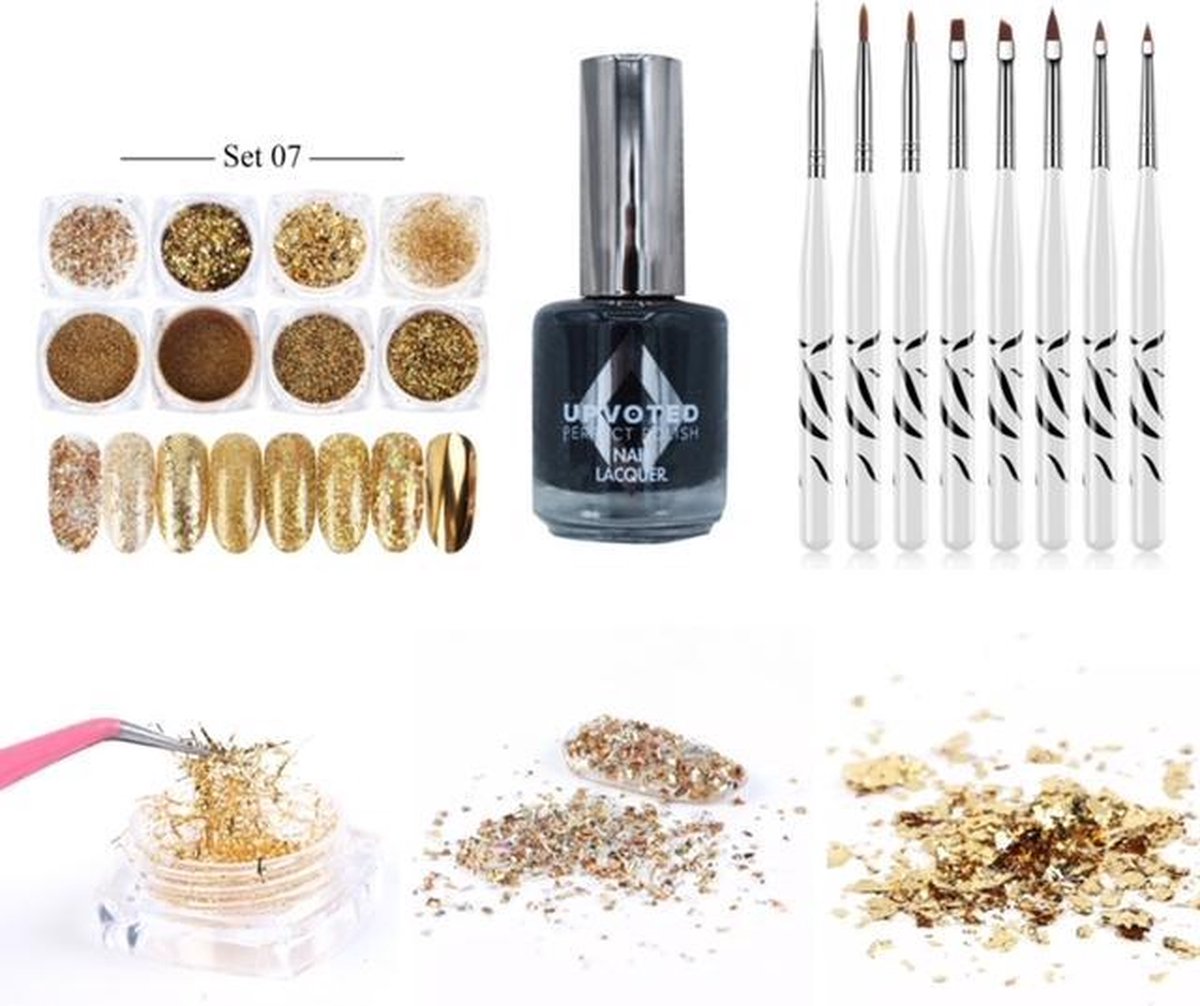 Goedkoopste GUAPÀ - Nail Art Glitter Poeder Nagellak & Penselen Set - Goud Nagel Versiering Zwarte Nagellak