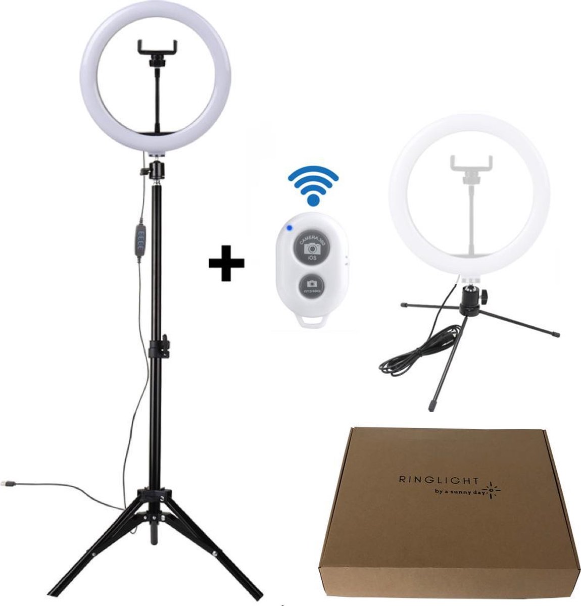 a sunny day ringlamp met statief (verstelbaar) incl telefoonhouder - LED - 26 cm/10 inch -136 cm hoo