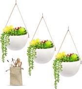 Merry Plantenhanger Keramiek - Set: 3 Stuks - Hangende Bloempot/Bloempotten voor binnen en buiten/Plantenpot/Hangpot – Incl. 3 verschillende koorden met opbergtasje – 18 x 11 x 7 c