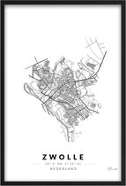 Poster Stad Zwolle A4 - 21 x 30 cm (Exclusief Lijst) - Citymap - Stadsplattegrond (Plaatsnaam poster Suolle  Suollu Suaolla)