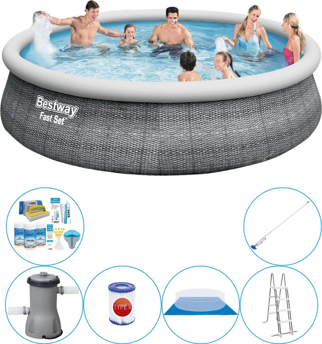 Fast Set Rattan Rond 457x107 cm - 7-delig - Zwembad Super Deal