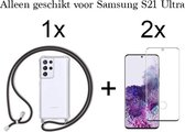 Samsung S21 Ultra Hoesje - Samsung Galaxy S21 Ultra hoesje met koord transparant shock proof case - Full Glue Cover - 2x Samsung S21 Ultra screenprotector