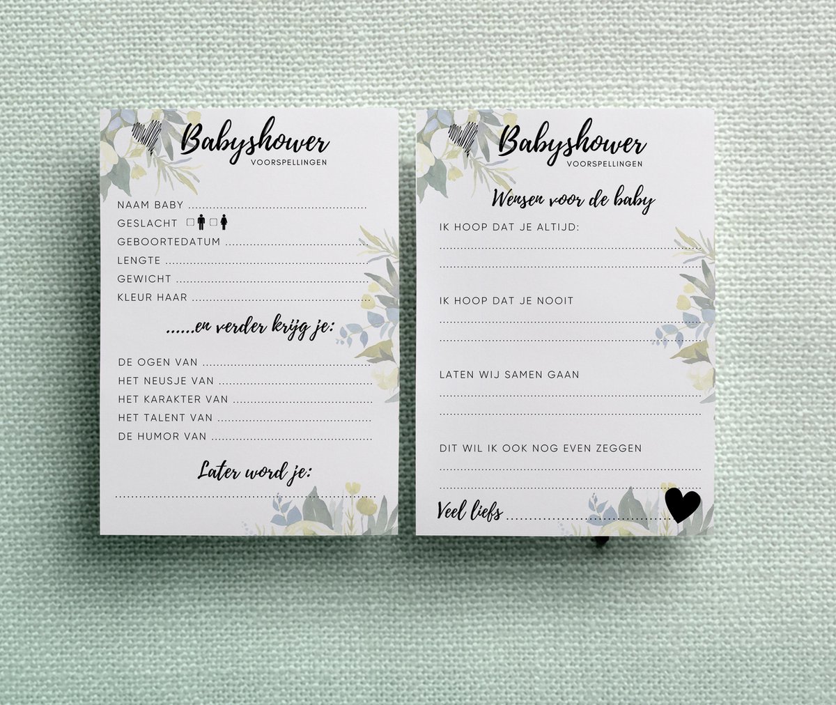 MOCADA 30 x hoogwaardige babyparty-raadspelkaarten, babyshower spelletjes, tipkaarten om in te vullen, voor jongens en meisjes, persoonlijk cadeau voor genderreveal party (A6 aan beide zijden bedrukt