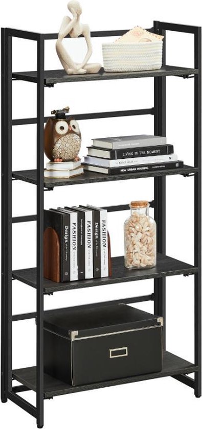 MIRA Home - Boekenrek met 4 planken - Boekenkast - Inklapbaar - Industrieel - Vakkenkast - Metaal - Hout - Zwart - 125x60x30