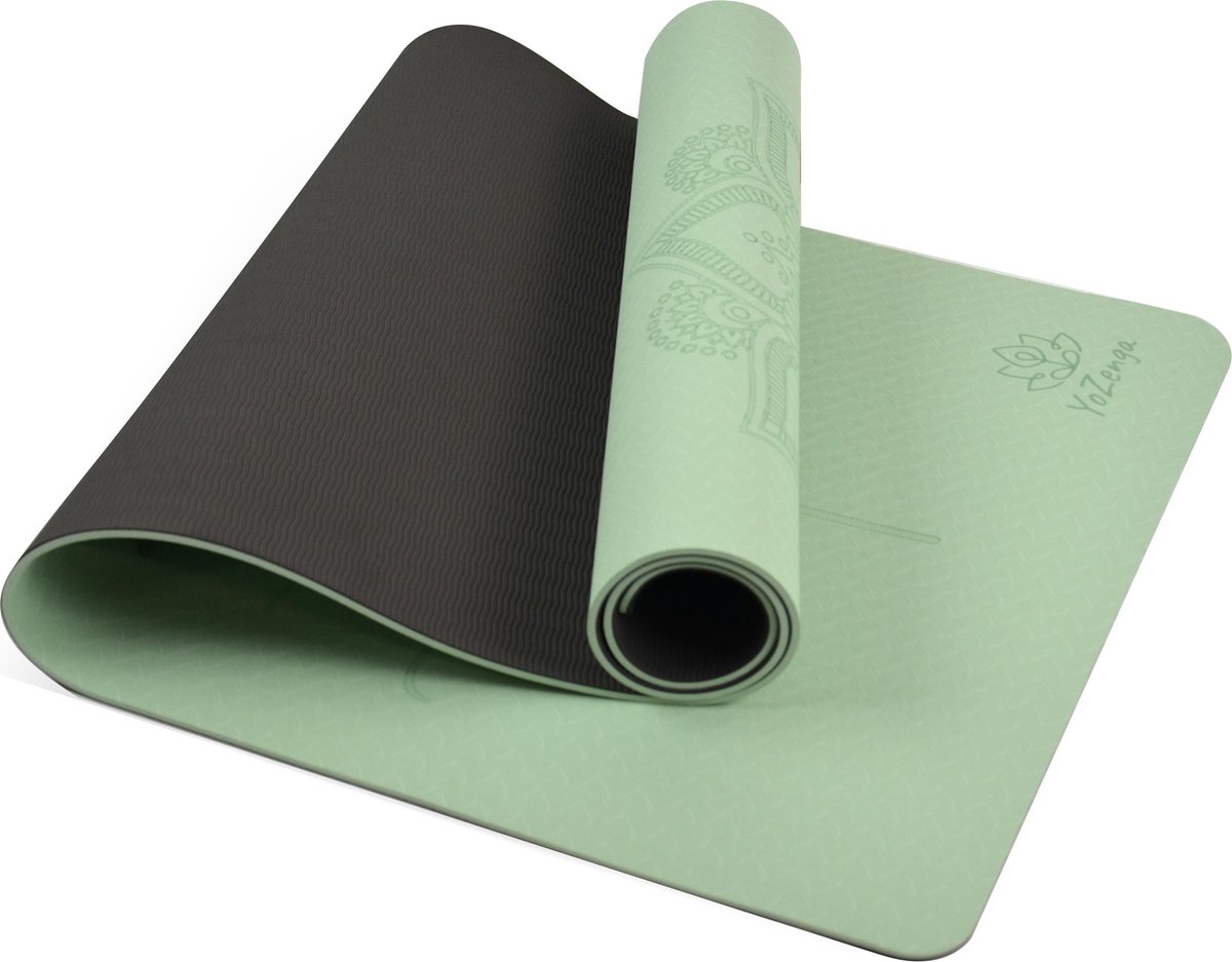 YoZenga Premium yoga mat | sportmat | Fitnessmat | extra breed | extra dik | TPE | Mandala flower Mint/black | Inclusief gratis draagriem | cadeautip!
