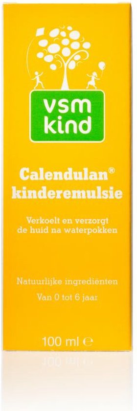Gele doos van VSM Calendulan kinderemulsie, 100 ml. "Verkoelt en verzorgt de huid na waterpokken".