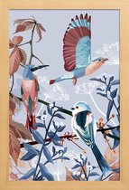 JUNIQE - Poster in houten lijst Birds Of Winter -20x30 /Blauw & Bruin
