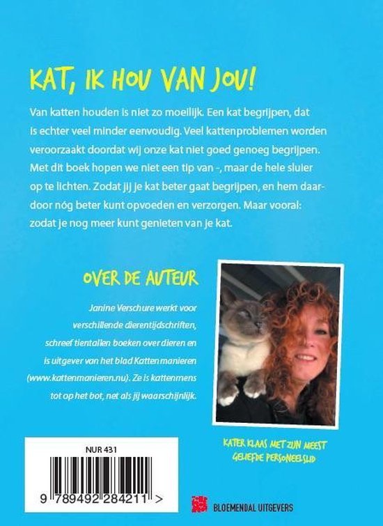 Achterkant van het boek 'Kat, ik hou van jou!' met tekst over de auteur en een foto van Janine Verschure met haar kat.