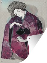 Tuin decoratie Japanse illustraties - Vrouw - Theepot - 30x40 cm - Tuindoek - Buitenposter