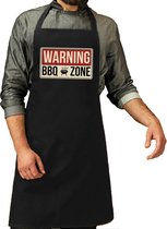 Warning bbq zone barbecue schort / keukenschort zwart voor heren - kookschorten / bbq schorten