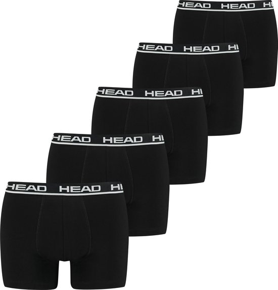 Vijf zwarte boxershorts met witte taillebanden, elk met het 'HEAD' logo.
