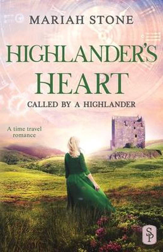 Boekcover: Een vrouw in een groene jurk staat met de rug naar de kijker in een heuvelachtig landschap met een kasteel in de verte. Titel: Highlander's Heart.