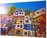 Wandpaneel Hundertwasserhaus Wenen Oostenrijk  | 150 x 100  CM | Zilver frame | Wandgeschroefd (19 mm)