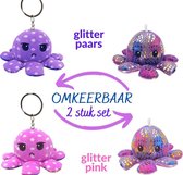 Octopus - Sleutopus - mood knuffel sleutelhanger -  paars-pink glitter - SET van 2 sleutopussen