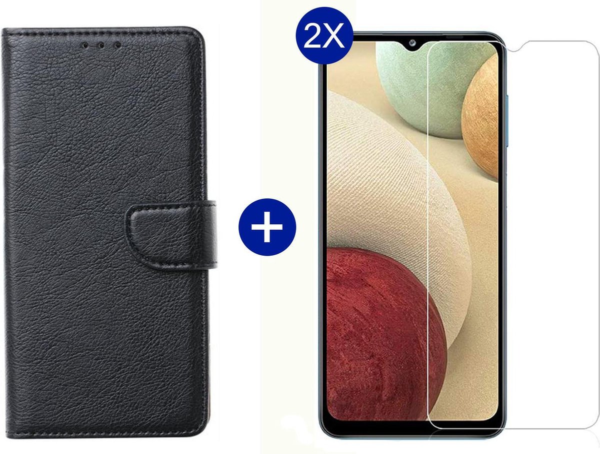 BixB Samsung A12 hoesje - Met 2x screenprotector / tempered glass - Book Case Wallet - Zwart