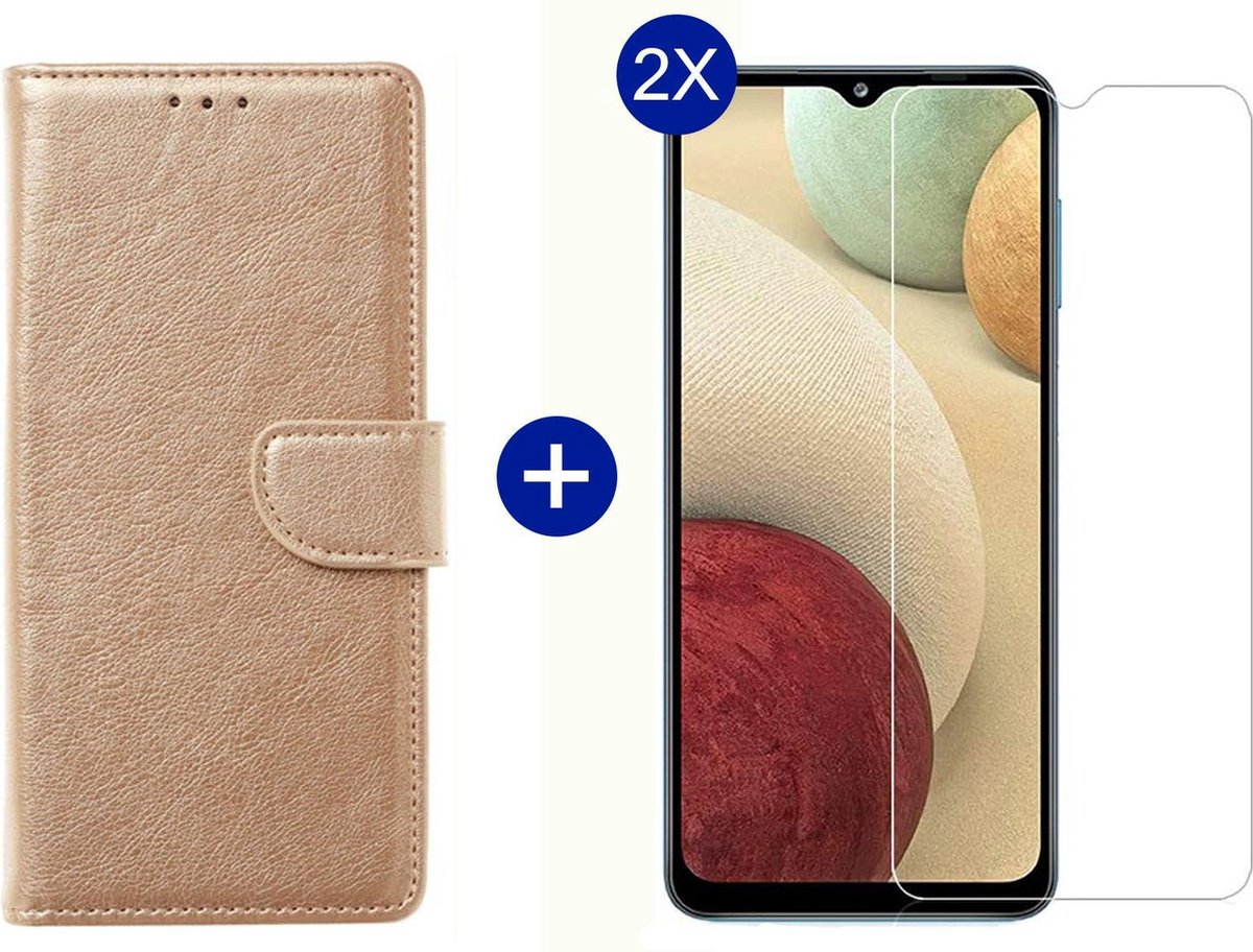 BixB Samsung A12 hoesje - Met 2x screenprotector / tempered glass - Book Case Wallet - Goud
